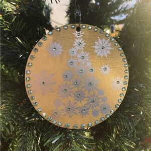 Gold Holiday Ornaments with Silver Accents also a red rhinestone one